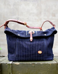 Blue Striped Denim Leather Crossbody Bag for Men Womens Jeans Shoulder Bag Striped Messnger Bag