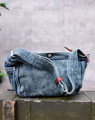 Large Denim Crossbody Bag for Men Washed Distressed Large Jeans Shoulder Bag Blue Denim Messenger Bag