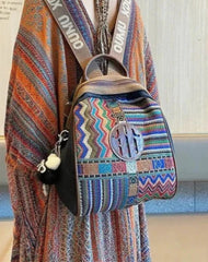 Black Gray Embroidery Canvas Boho Backpack Women Boho Crossbody Bag for Women