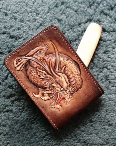 Loong Tooled Leather Wallet Card Wallet with ID Window Chinese Dragon ID Holder Wallet Mens Wallet with ID Window
