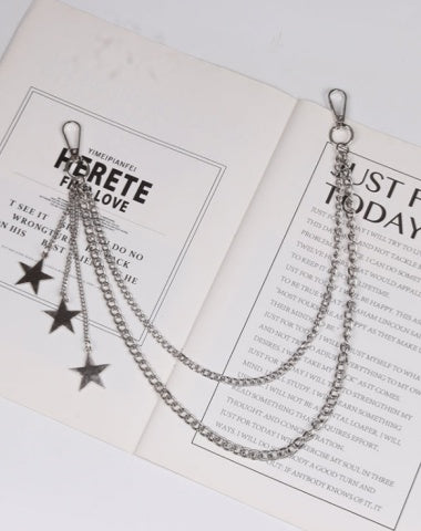 Cute Womens Jeans Chain Silver Double Layers With Stars Charms Wallet Chains For Women