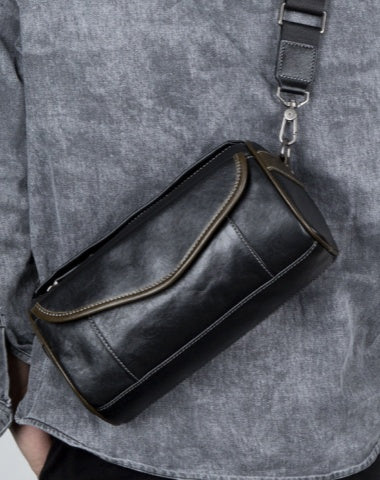 Black Barrel Leather Bag Mens Barrel Crossbody Bag Barrel Shoulder Bag for Men Messenger Bag