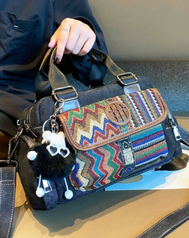 Black Gray Boho Handbag Women Canvas Embroidery Shoulder Bag Black Gray Canvas Crossbody Bag