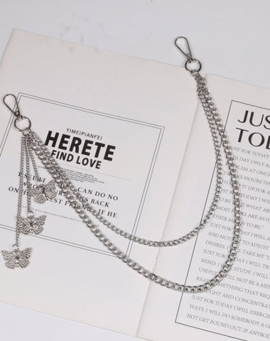 Cute Womens Jeans Chain Silver Double Layers With Big Butterflys Charms Wallet Chains For Women