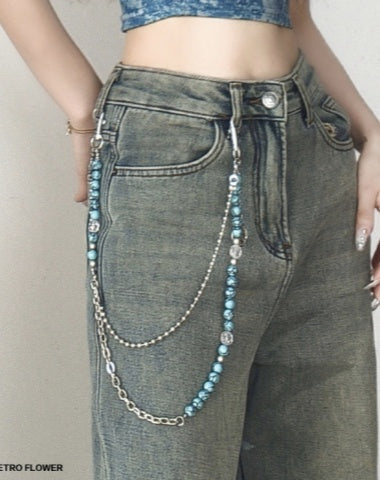 Beaded Wallet Chain Blue Turquoise Stone Ball Wallet Chain Double Wallet Chain