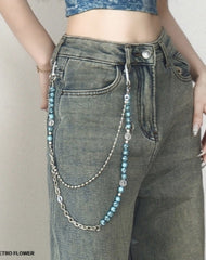 Beaded Wallet Chain Blue Turquoise Stone Ball Wallet Chain Double Wallet Chain