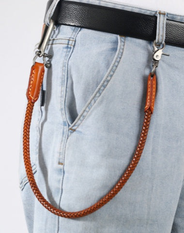 Brown Leather Braided Biker Wallet Chain Handmade Leather Pants Chain For Men - EverHandmade