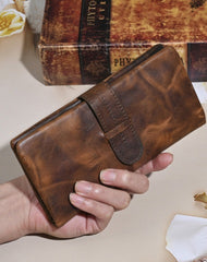 Brown Long Leather Wallet with Buckle for Men Buckle Mens Wallets with Coin Pocket