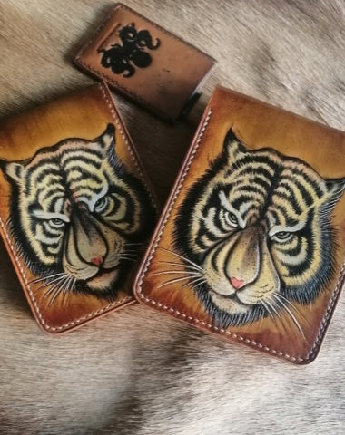 Tiger Wallet Tooled Leather Wallet Card Wallet with ID Window Tiger Wallet ID Holder Wallet Mens Wallet with ID Window