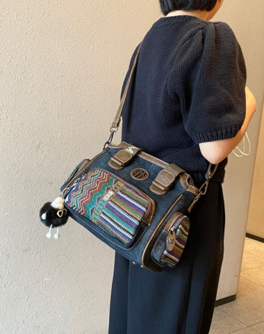Women Canvas Embroidery Boston Boho Crossbody Bag Handbag Black Gray Canvas Shoulder Boston Bag
