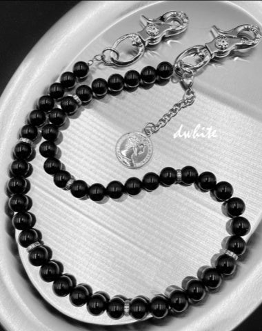 Black Ball Wallet Chain Black Beaded Wallet Chain Obsidian Stone Wallet Chain
