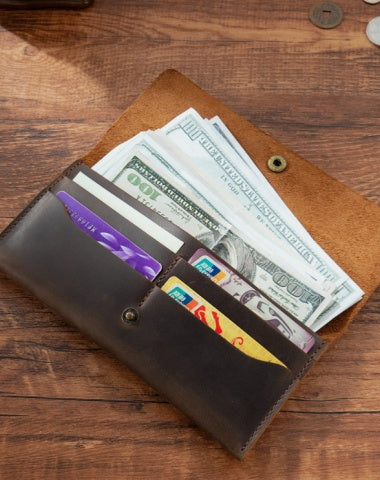 Dark Brown Leather Flap Wallet for Men Long Leather Mens Flap Wallet Vintage Wallet With Flap