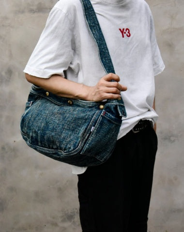 Blue Denim Messenger Bag Washed Distressed Mens Large Jeans Shoulder Bag Large Denim Crossbody Bag for Men
