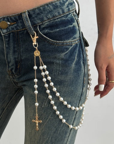 Pearl Wallet Chain Gold Beaded Wallet Chain for Women Double Wallet Chain with Cross