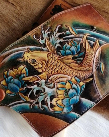 Tooled Leather Key Wallet Key Holders with Card Holder Yellow Carp Leather Key Wallets for Men