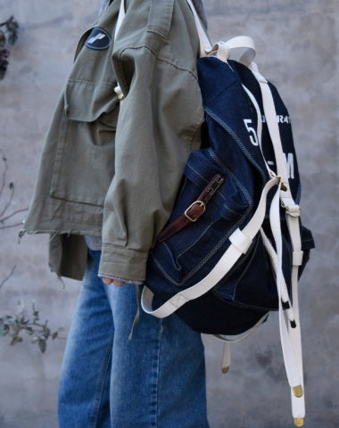 Large Blue&White Denim Backpack for Men Blue Jean Backpack Mens Huge Backpack