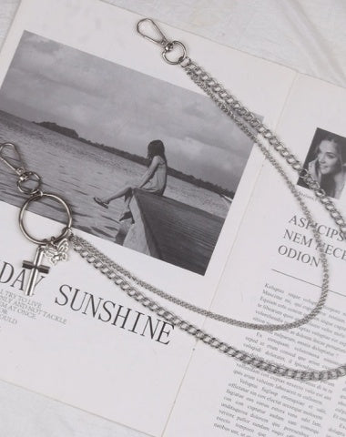 Cute Womens Jeans Chains Silver Double Layers With Butterfly&Cross Charm Pants Chain For Women