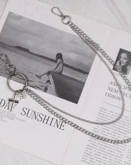 Cute Womens Jeans Chains Silver Double Layers With Butterfly&Cross Charm Pants Chain For Women