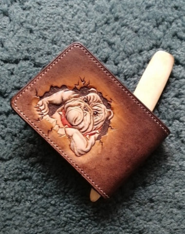 Tooled Leather Wallet Card Wallet with ID Window Bulldog Leather Wallet ID Holder Wallet Mens Wallet with ID Window Bulldog Wallet