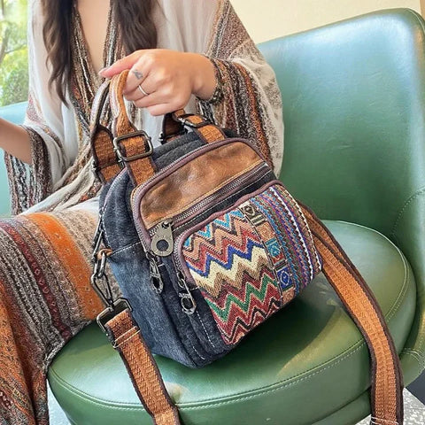 Canvas Convertible Boho Backpack Crossbody Bag Black Gray Canvas Convertible Boho Crossbody Handbags - Feltify