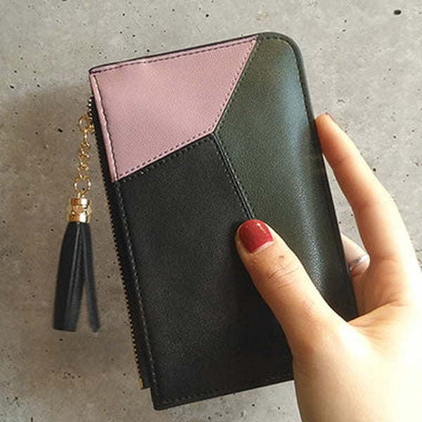 Cute Womens Patchwork Black&Green Leather Card Wallets with Keychain Zip Card Holder Wallet for Women