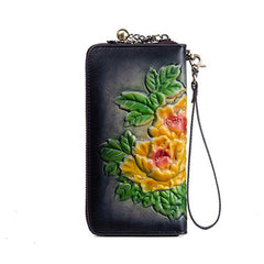 Womens Black Leather Zip Around Wallets Peony Flower Wristlet Wallets Floral Ladies Zipper Clutch Wallet for Women