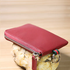 Slim Women Red Leather Mini Zip Wallet with Keychain Billfold Minimalist Coin Wallet Small Zip Change Wallet For Women