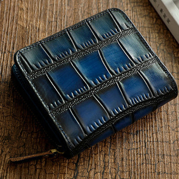Small Blue Leather Zip Wallet Crocodile Pattern Womens Zip Around Wallets Zipper Clutch Wallet for Women
