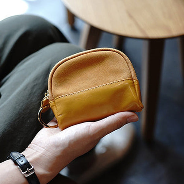 Vintage Women Tan Leather Zip Coin Pouch with Keyring Coin Wallet Change Wallet For Women
