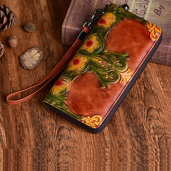 Womens Floral Brown Leather Wristlet Wallets Flowers Zip Around Wallet Floral Ladies Zipper Clutch Wallet for Women