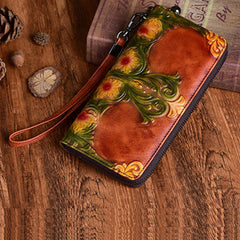 Womens Floral Brown Leather Wristlet Wallets Flowers Zip Around Wallet Floral Ladies Zipper Clutch Wallet for Women