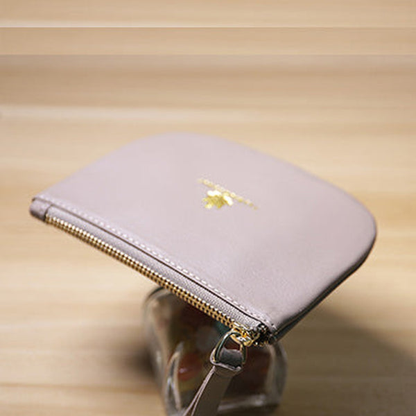 Slim Women Gray Leather Zip Card Wallet Saddle Minimalist Coin Wallet Small Zip Change Wallet For Women
