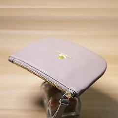 Slim Women Gray Leather Zip Card Wallet Saddle Minimalist Coin Wallet Small Zip Change Wallet For Women
