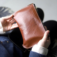 Handmade Women Leather Clutch Wallet Brown Slim Zip Clutch Phone Purse For Women