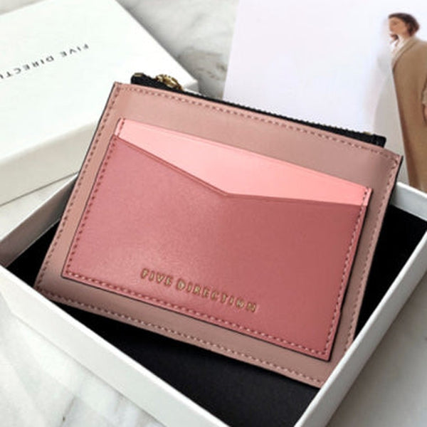 Cute Women Dark Pink Vegan Leather Card Holders Slim KeyChain Card Wallet Zip Change Wallet For Women