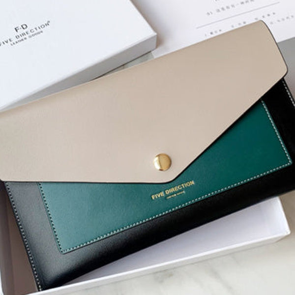 CONTRAST COLOR Khaki Envelope Leather Womens Slim Clutch Purse Checkbook Long Wallet for Women