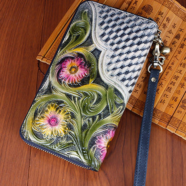 Handmade Vintage Flowers Floral Gray Leather Wristlet Wallet Womens Zip Around Wallets Flowers Ladies Zipper Clutch Wallet for Women