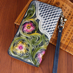 Handmade Vintage Flowers Floral Gray Leather Wristlet Wallet Womens Zip Around Wallets Flowers Ladies Zipper Clutch Wallet for Women