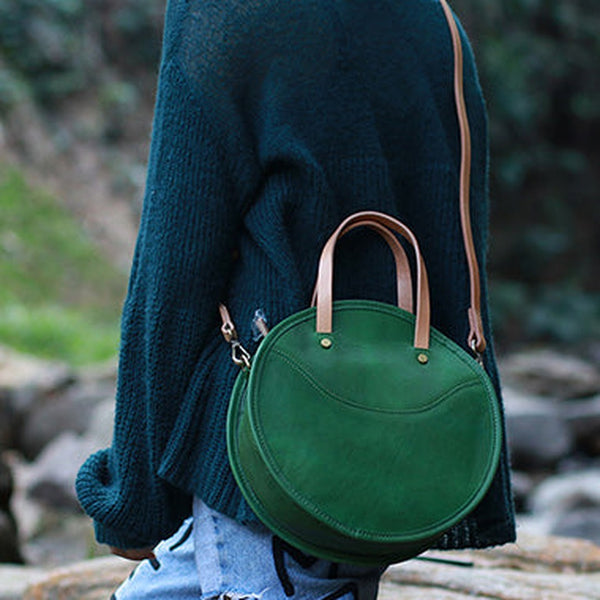 Vintage Womens Green Leather Round Handbag Purses Green Round Shoulder Bag Crossbody Purse for Women