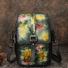 Green Floral Leather Womens VIntage Phone Shoulder Bag Small Side Bag Handmade Crossbody Purse for Ladies