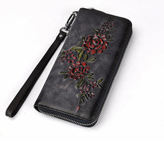 Womens Flowers Black Leather Zip Around Wallet Wristlet Wallet Floral Ladies Zipper Clutch Wallet for Women