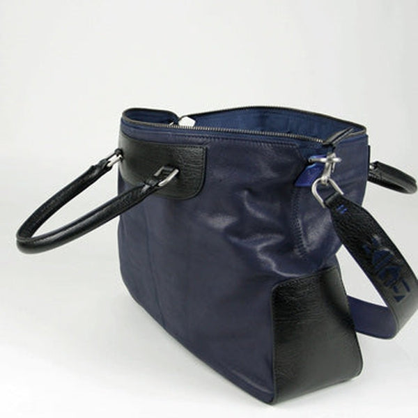 Classic Large Womens Dark Blue & Black Leather Work Handbag Purse Leather Shoulder Purse Bag for Ladies