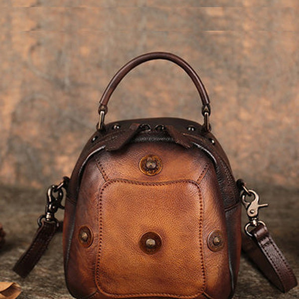 Small Brown Leather Womens Rivets Shoulder Bag Barrel Small Handmade Handbag Purse for Ladies