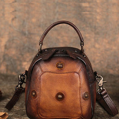 Small Brown Leather Womens Rivets Shoulder Bag Barrel Small Handmade Handbag Purse for Ladies