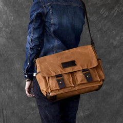 Canvas Leather Mens Large Khaki Side Bag 14'' Brown Messenger Bag Shoulder Bag For Men