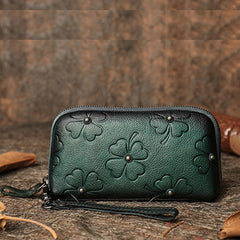 Handmade Green Womens Clover Leather Long Wallet Zipper Clutch Wristlet Wallet for Women