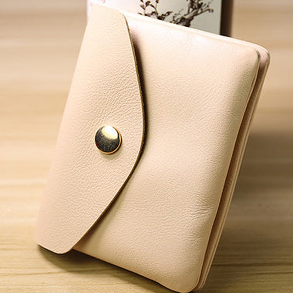 Cute Women Beige Leather Mini Billfold Wallet Handmade Coin Wallets Slim Change Wallets For Women