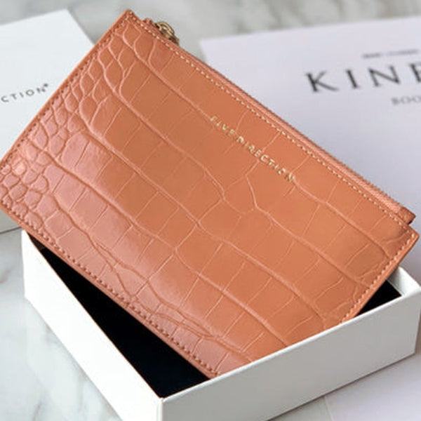 Cute Women Brick Red Vegan Leather Card Holder Wallet with KeyChain Crocodile Pattern Card Wallet Zip Coin Change Wallet For Women