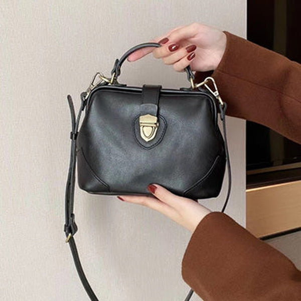 Womens Black Leather Doctor Handbag Purse Vintage Handmade Doctor Shoulder Bag for Women