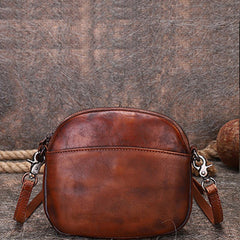 Vintage Small Leather Womens Round Brown Shoulder Bag Handmade Around Crossbody Purse for Ladies